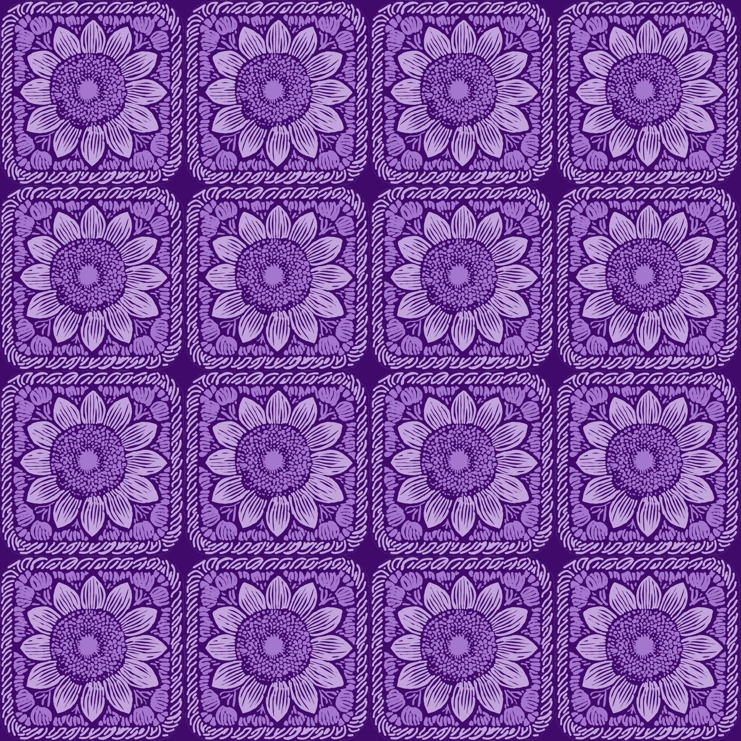 Violet Sunflower Floral Granny Squares Seamless Print