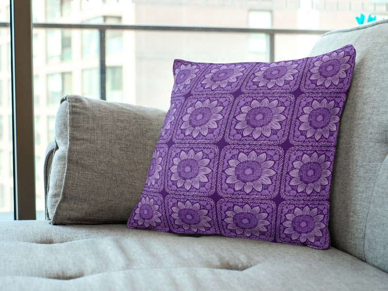 Violet Sunflower Floral Granny Squares Seamless Print