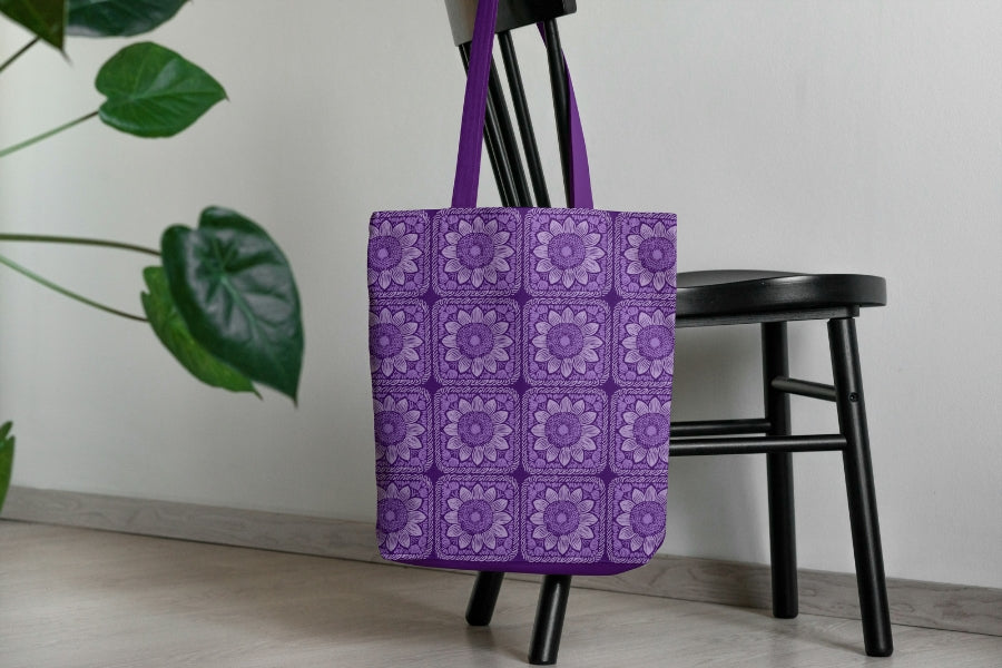 Violet Sunflower Floral Granny Squares Seamless Print