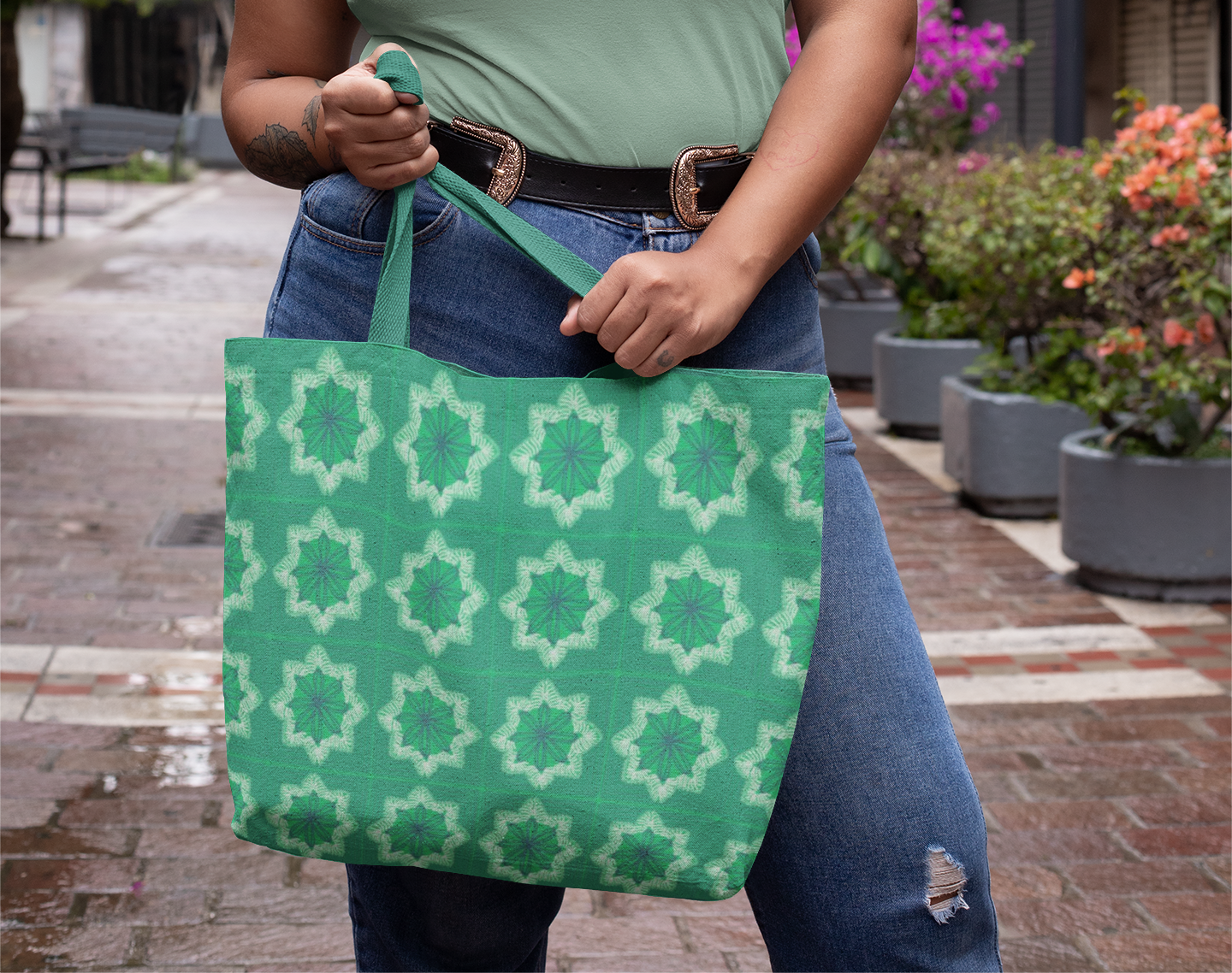 Mint Green Floral Granny Squares Print