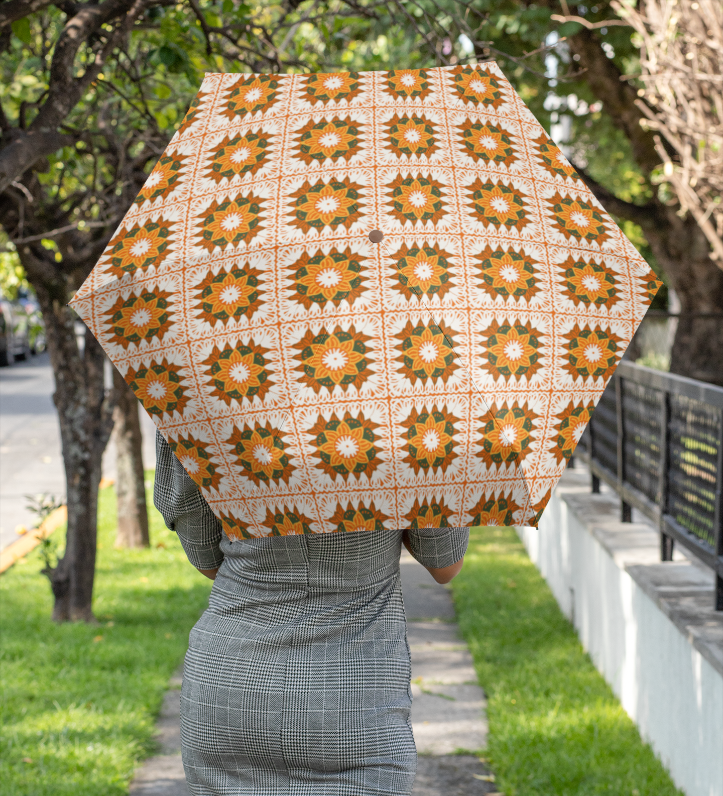 Citrus Orange Floral Granny Squares Seamless Print