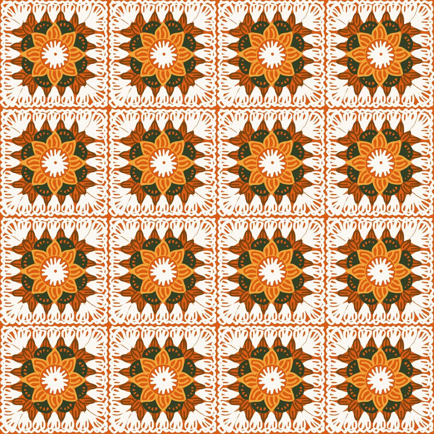 Citrus Orange Floral Granny Squares Seamless Print