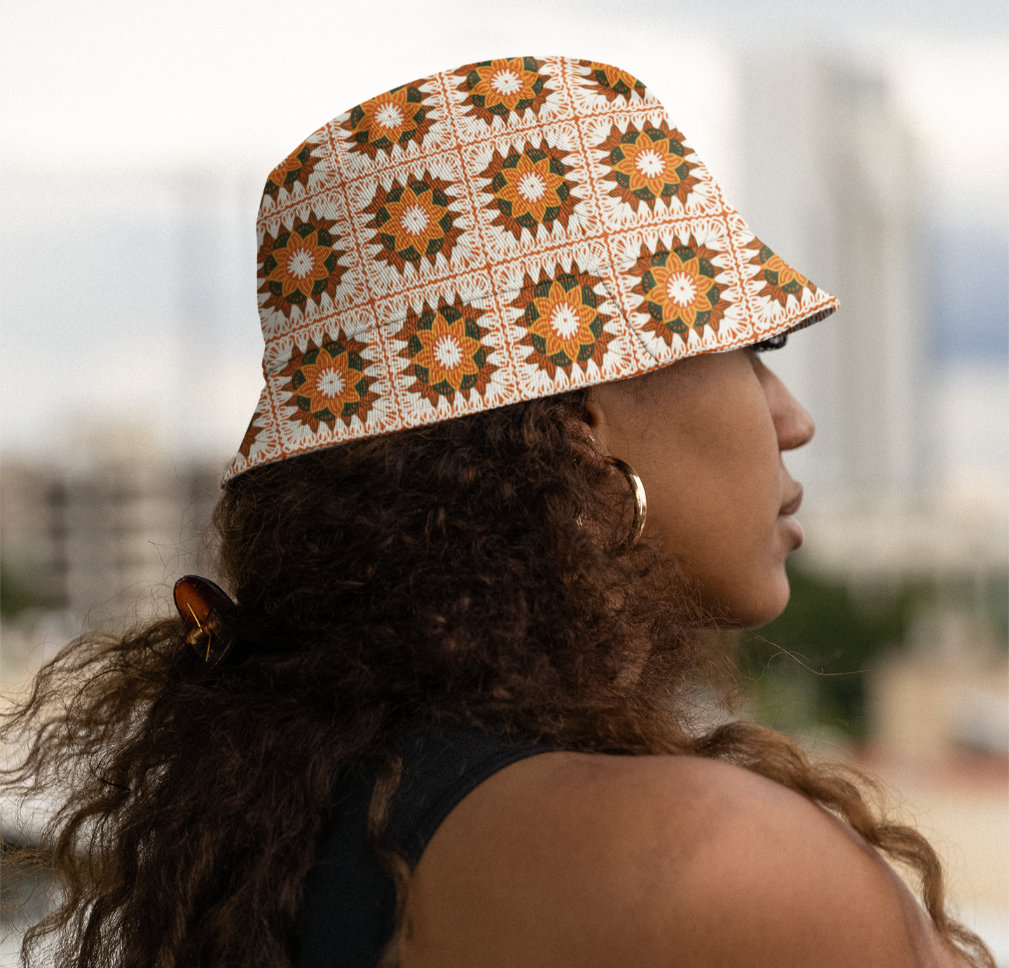 Citrus Orange Floral Granny Squares Seamless Print