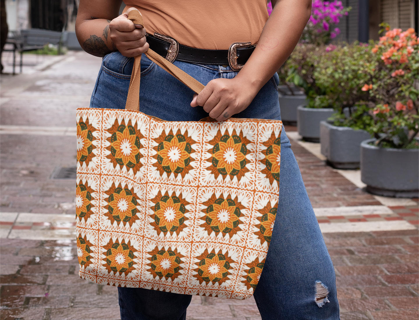 Citrus Orange Floral Granny Squares Seamless Print