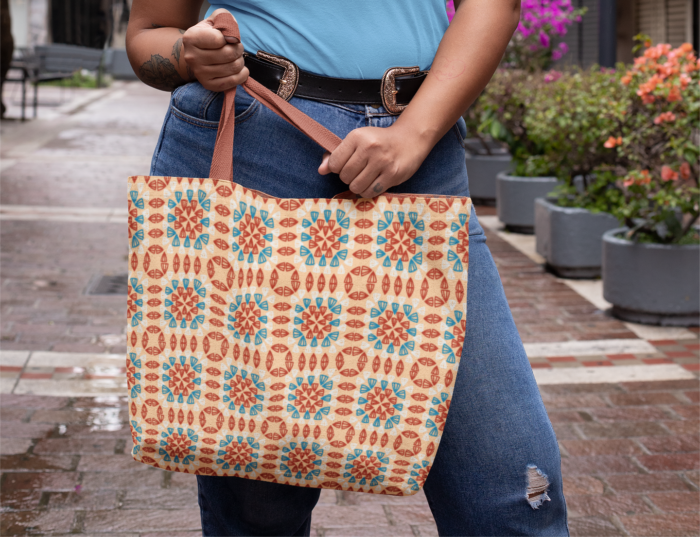 Coral Blue Seamless Granny Squares Print