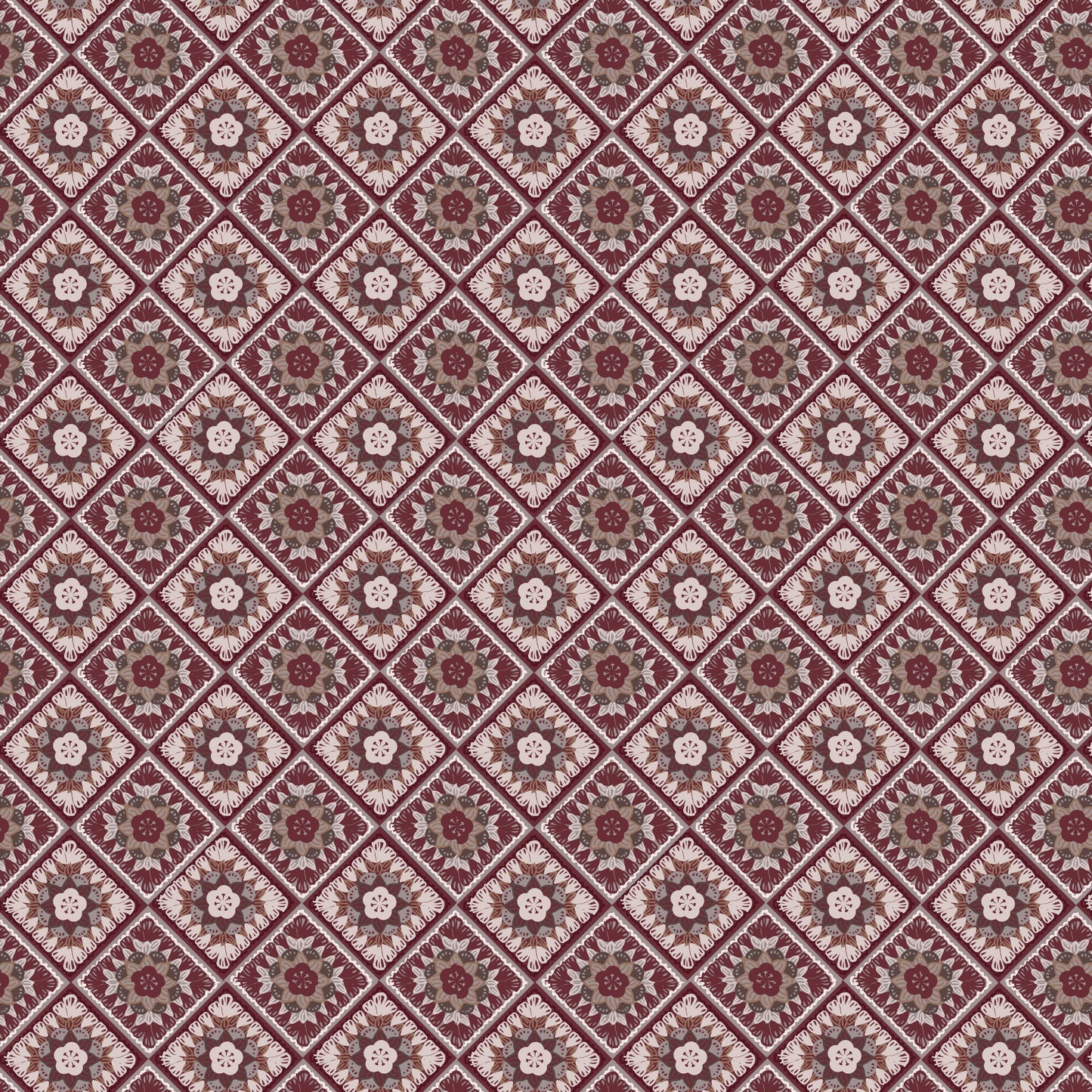 Aubergine Opulence Granny Squares Floral Seamless Print