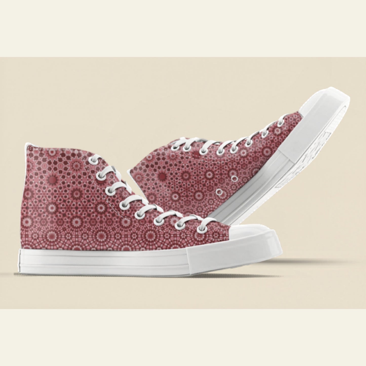 High-top sneakers with a red floral pattern on a beige background