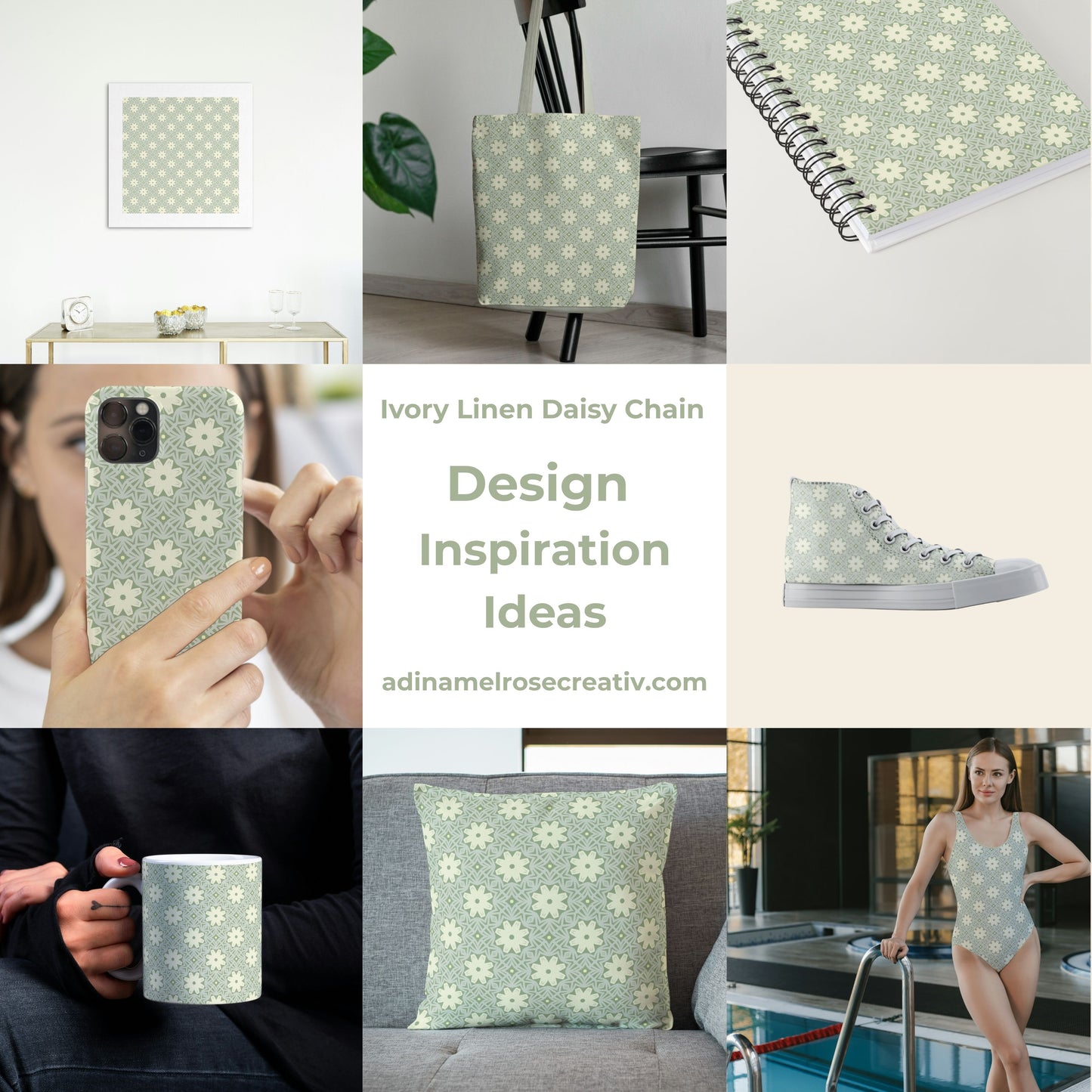 Ivory Linen Daisy Chain Floral Pattern