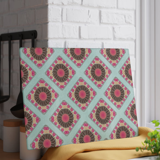 Glass Cutting Board - Spring Sunflowers Crochet-Inspired Print