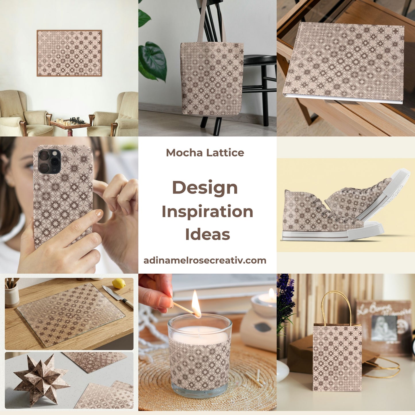 Collage of Mocha Lattice design applied to various products and settings.