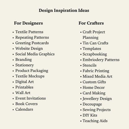 List of design inspiration ideas for designers and crafters on a beige background