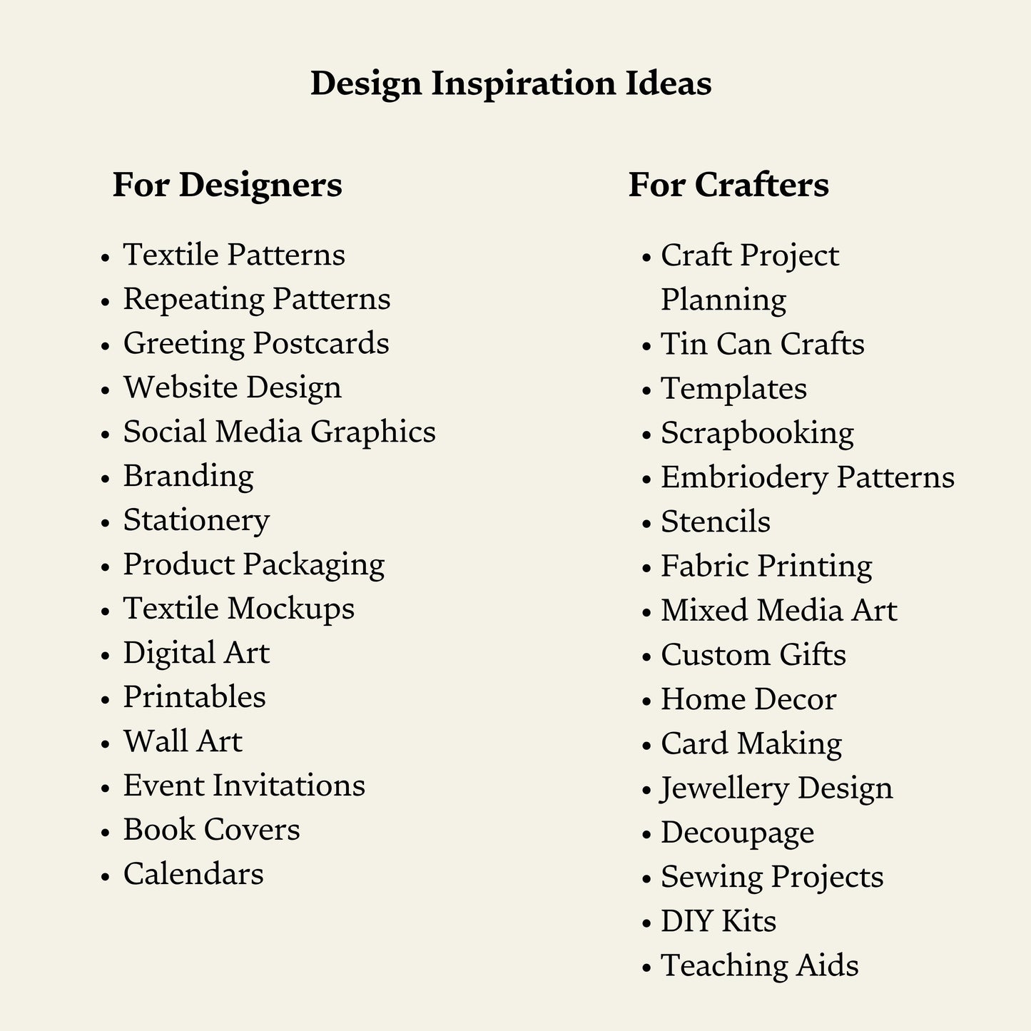 List of design inspiration ideas for designers and crafters on a beige background
