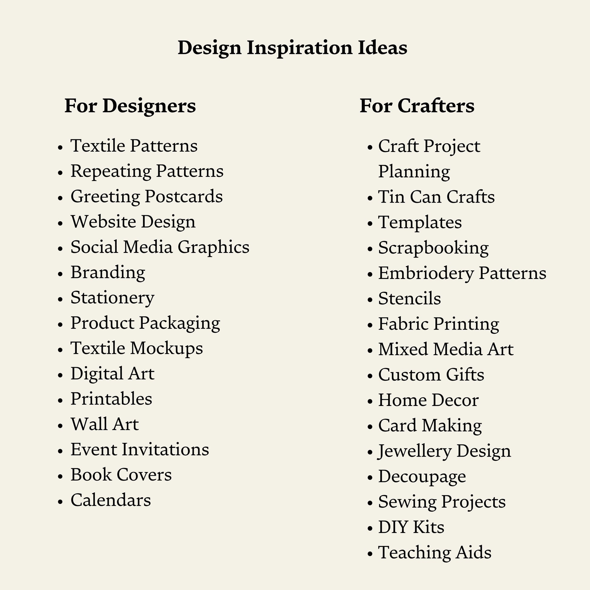 List of design inspiration ideas for designers and crafters on a beige background