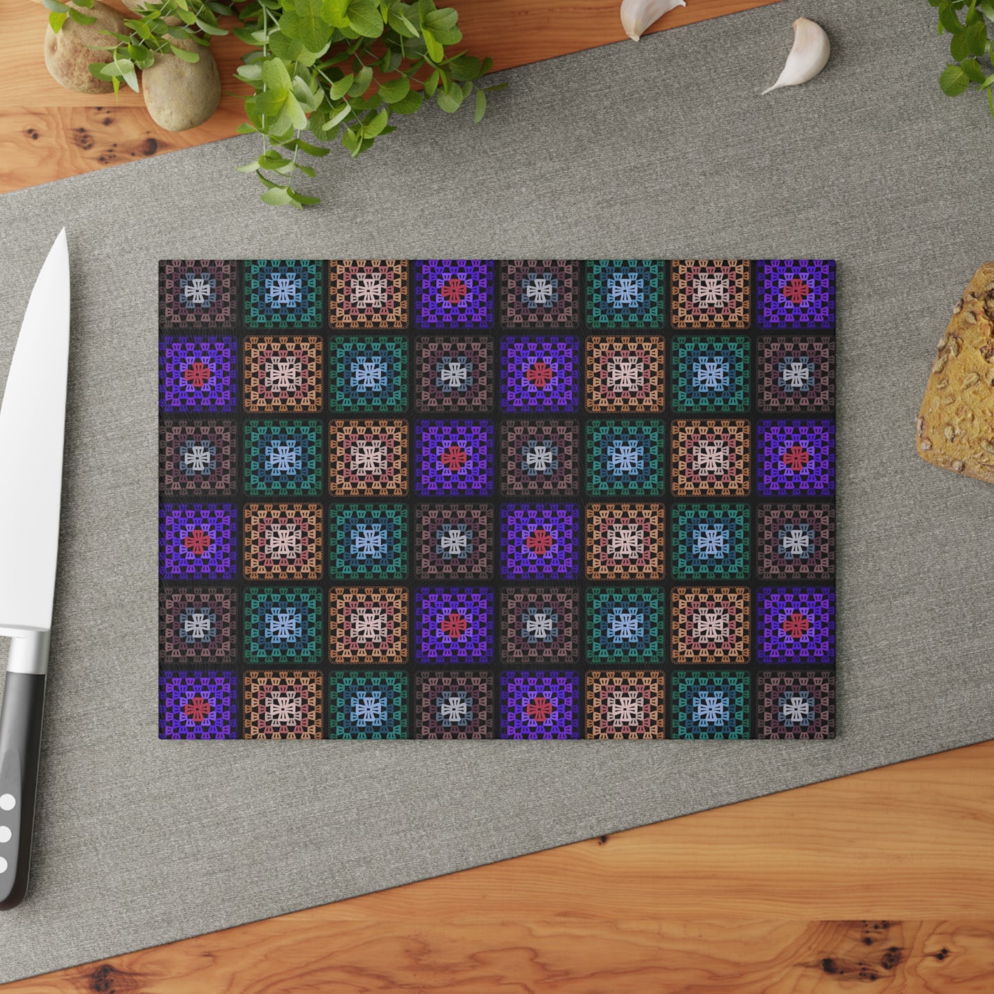 Glass Cutting Board - Boho Mosaic Quilt Crochet-Inspired Print