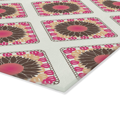 Glass Cutting Board - Spring Sunflowers Crochet-Inspired Print