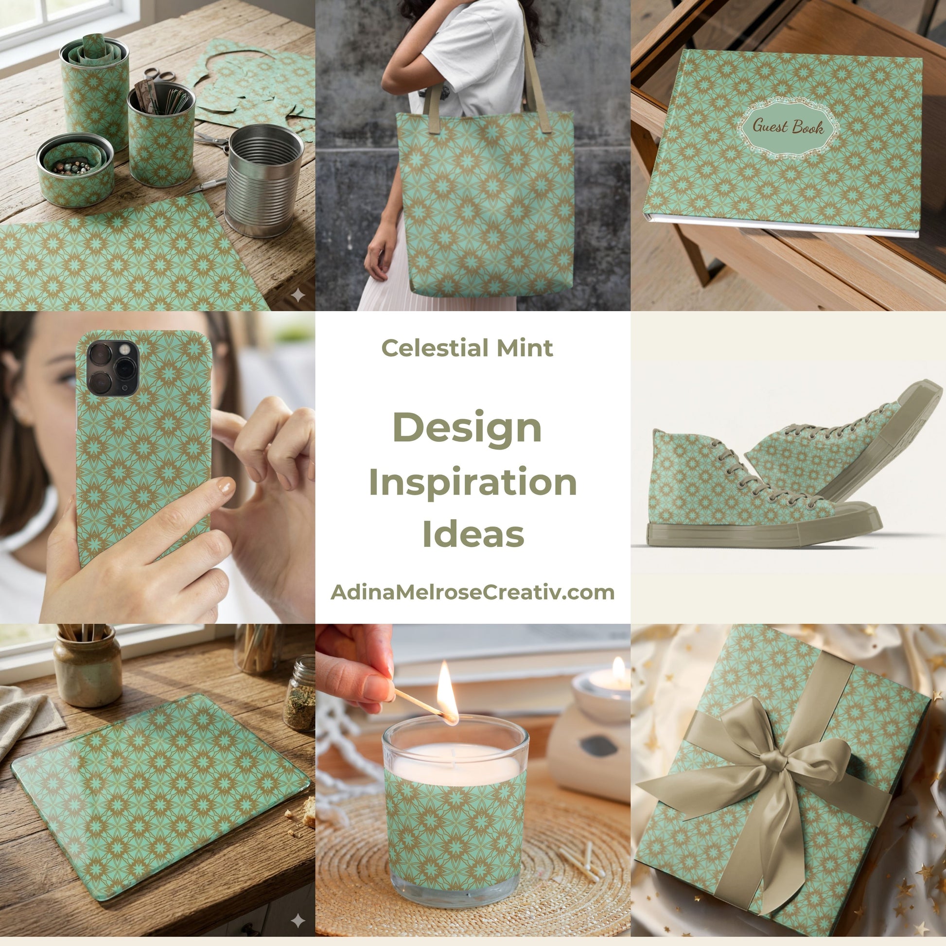Collage of products with Celestial Mint design inspiration, including phone case, tote bag, and gift box.
