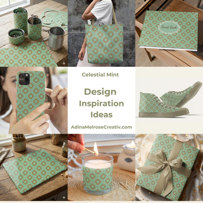 Collage of products with Celestial Mint design inspiration, including phone case, tote bag, and gift box.
