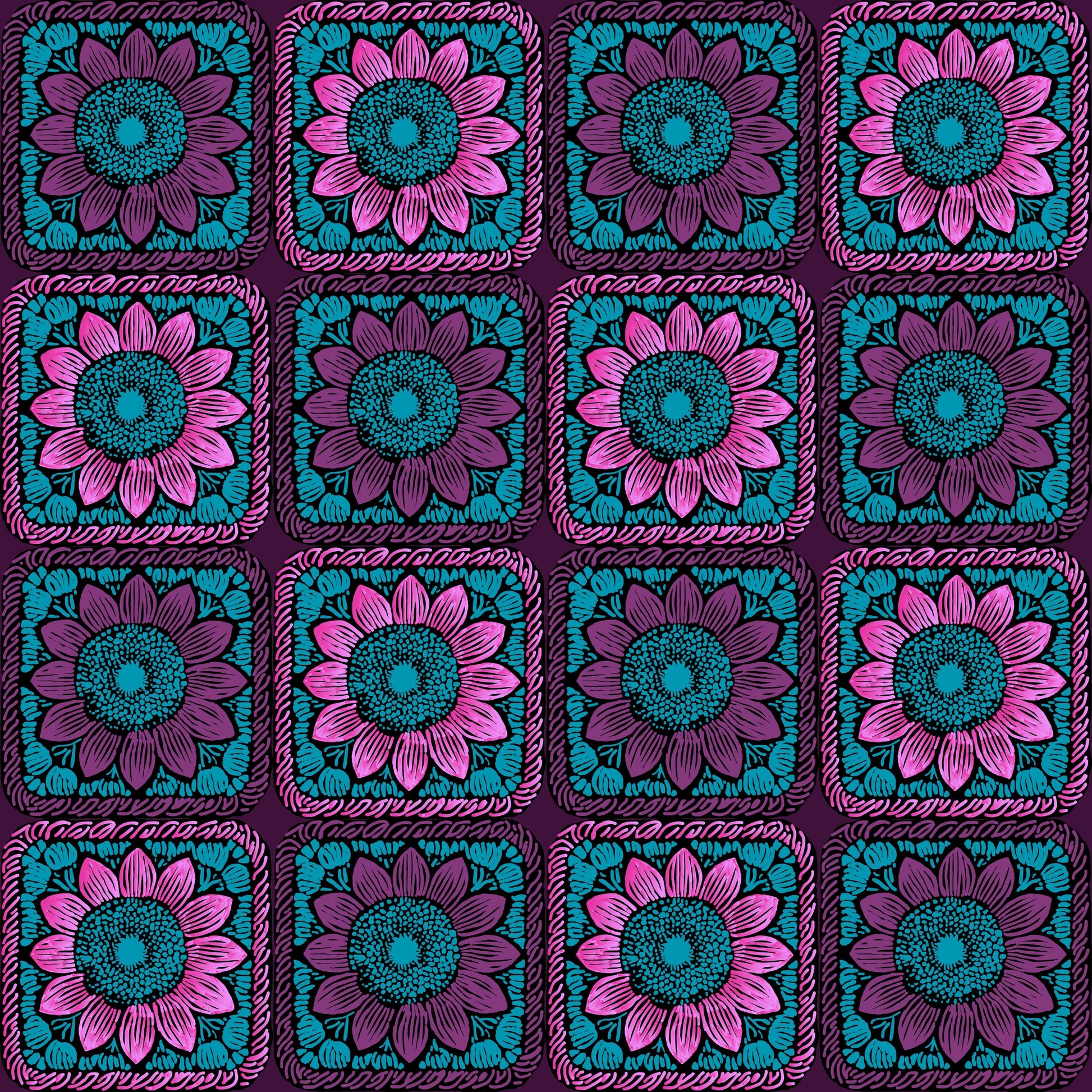 Aubergine Burst Sunflowers Floral Granny Squares Seamless Print 