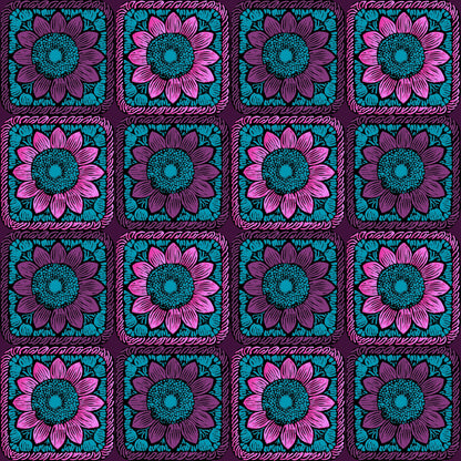 Aubergine Burst Sunflowers Floral Granny Squares Seamless Print 