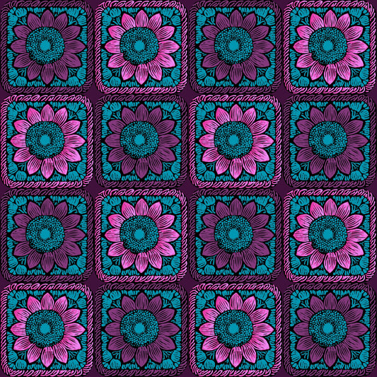 Aubergine Burst Sunflowers Floral Granny Squares Seamless Print 