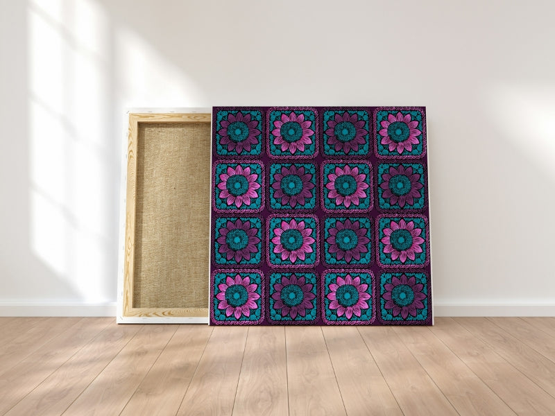 Aubergine Burst Sunflowers Floral Granny Squares Seamless Print 