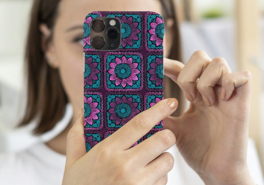 Aubergine Burst Sunflowers Floral Granny Squares Seamless Print 