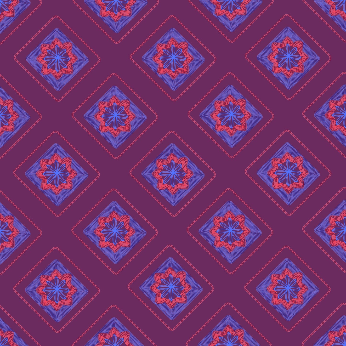 Crimsom Plum Azure Embroidery Floral Granny Squares Print