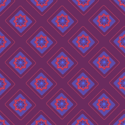Crimsom Plum Azure Embroidery Floral Granny Squares Print