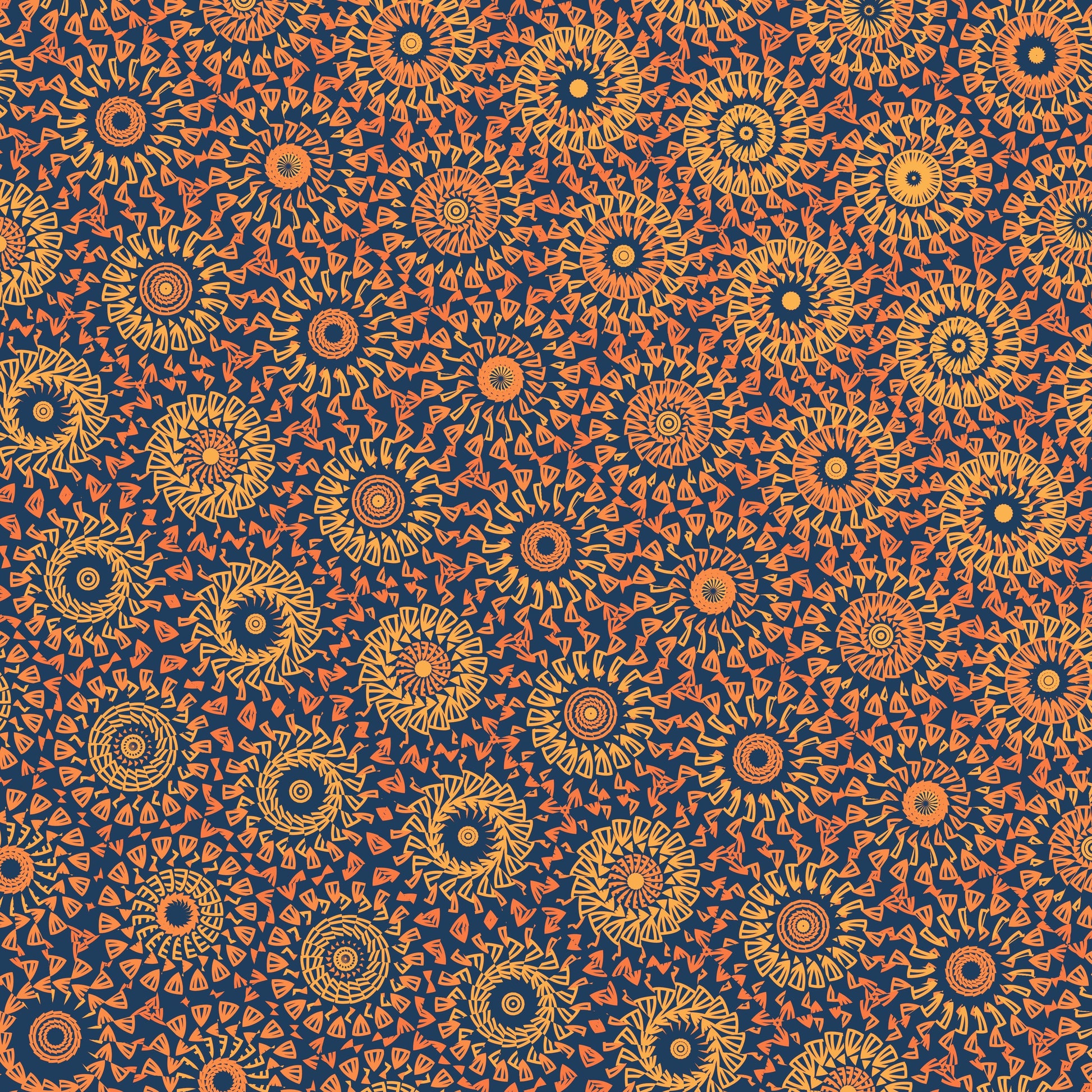 Crochet-inspired pattern with a freeform circle-saw effect design with orange and yellow circular shapes on a navy background