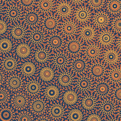 Crochet-inspired pattern with a freeform circle-saw effect design with orange and yellow circular shapes on a navy background