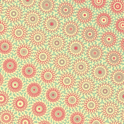 Crochet-inspired pattern with a freeform circle-saw effect design with red and beige circular shapes on a light green background