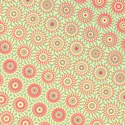 Crochet-inspired pattern with a freeform circle-saw effect design with red and beige circular shapes on a light green background