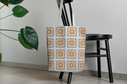 Faded Denim Blend Granny Squares Print