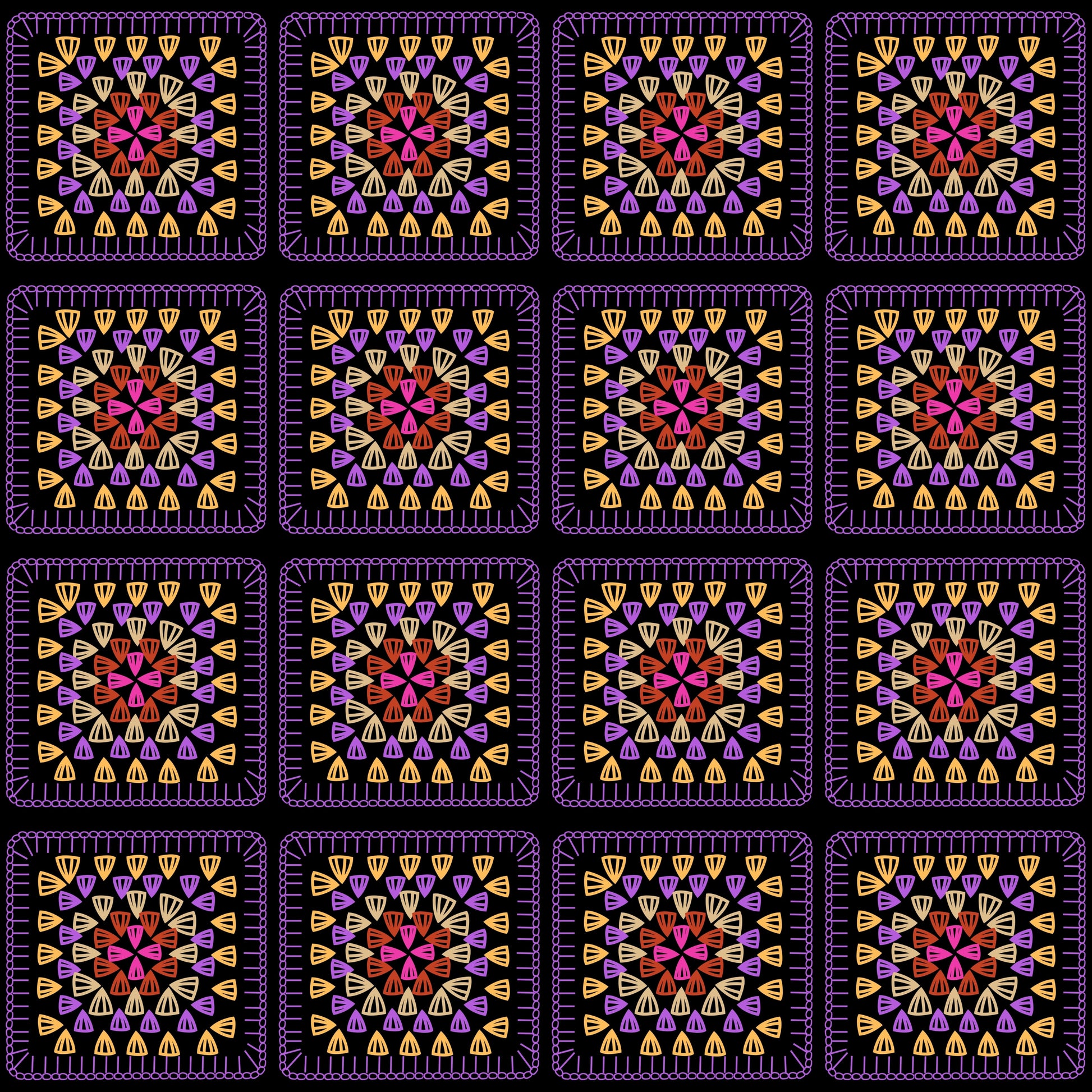Golden Amethyst Glow Embroidery Granny Squares Print