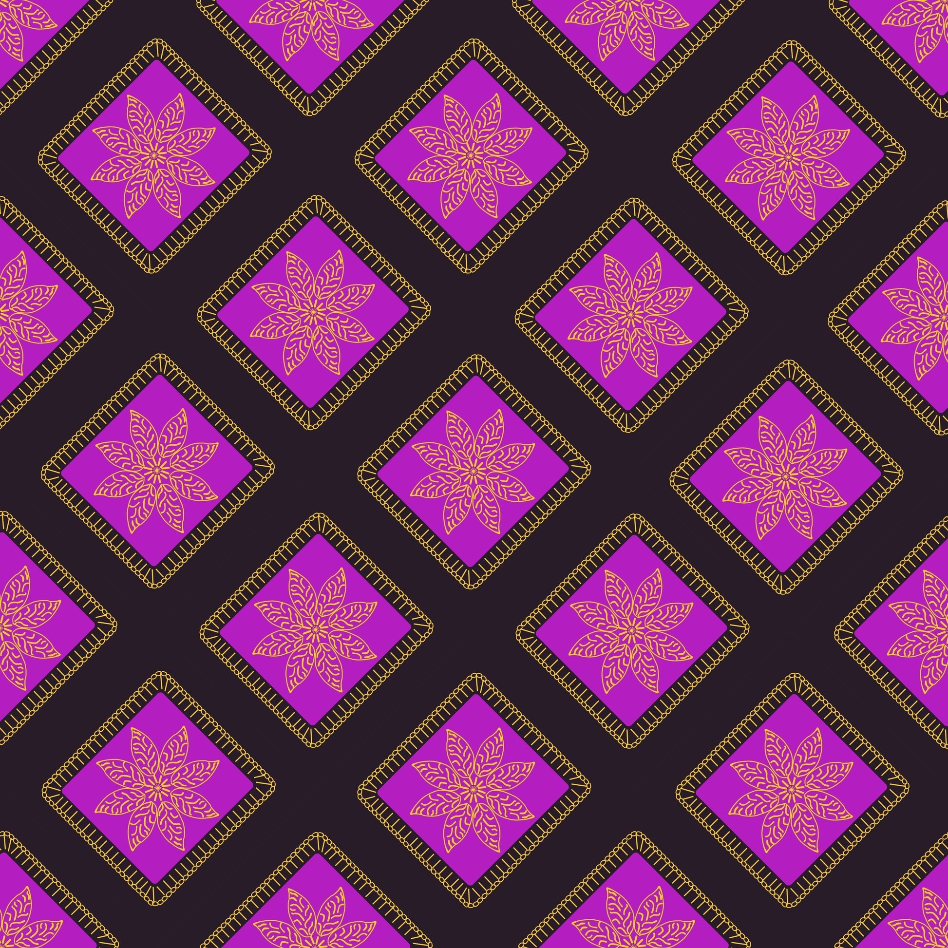 Golden Blush Noir Floral Granny Squares Seamless Print 
