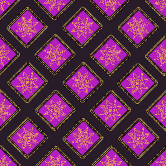 Golden Blush Noir Floral Granny Squares Seamless Print 
