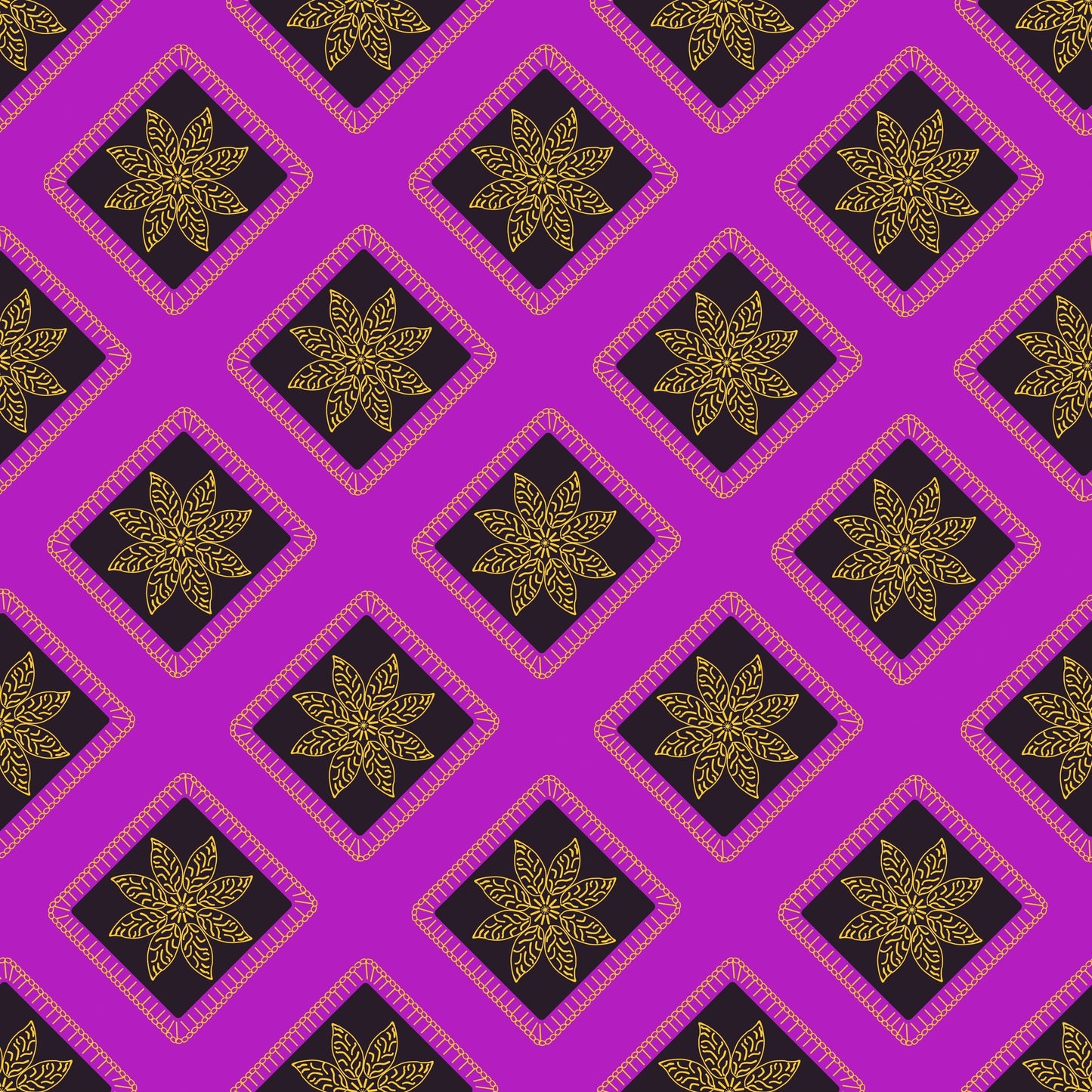Golden Noir Floral Granny Squares Seamless Print 
