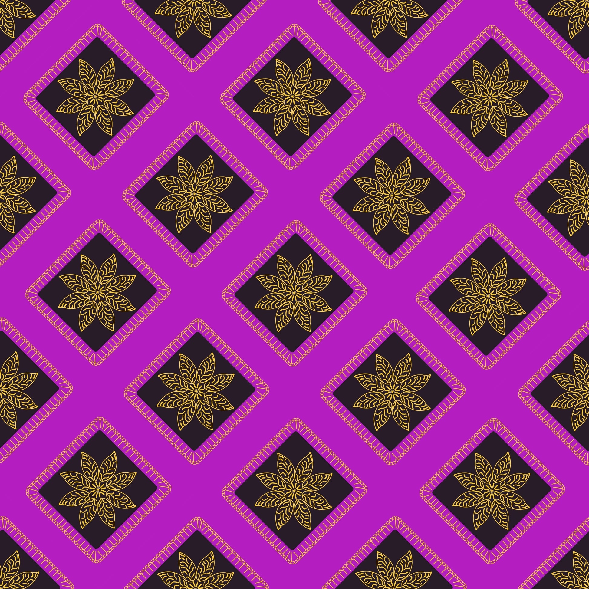 Golden Noir Floral Granny Squares Seamless Print 
