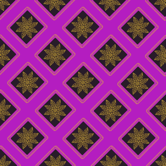 Golden Noir Floral Granny Squares Seamless Print 
