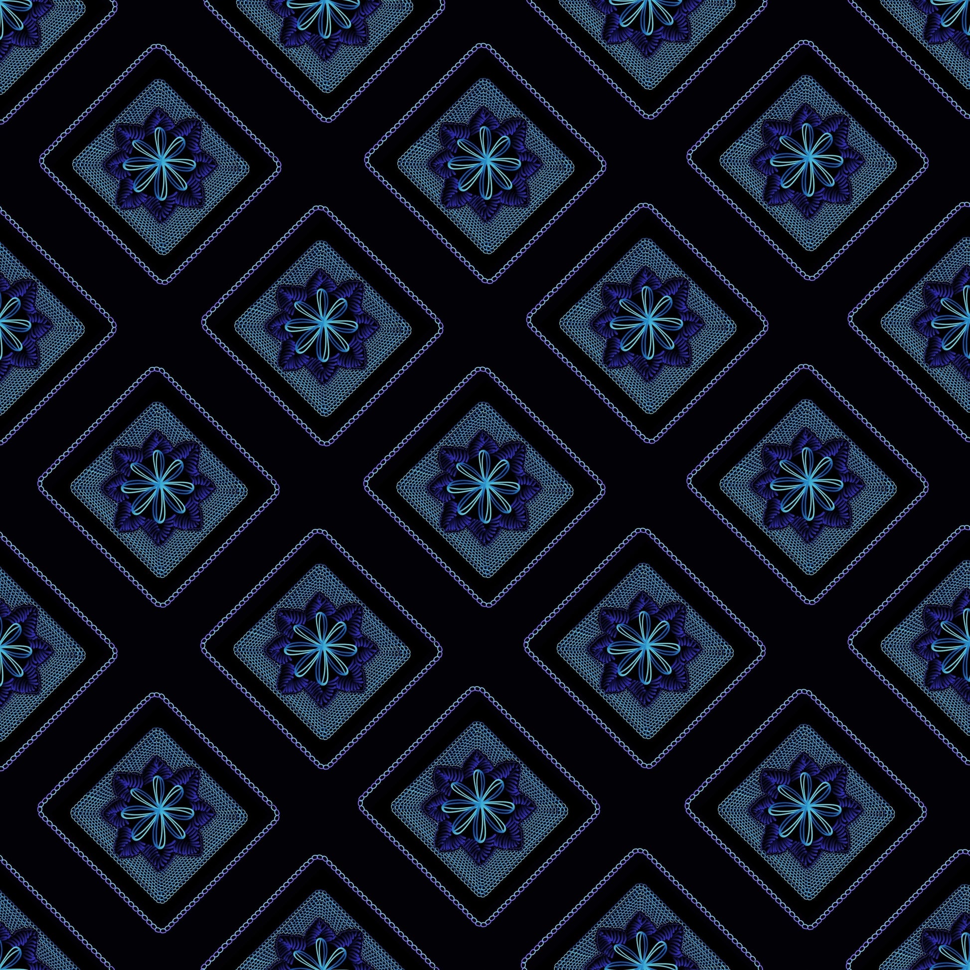 Midnight Artic Blue Embroidery Floral Granny Squares Print