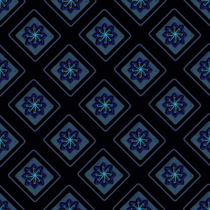 Midnight Artic Blue Embroidery Floral Granny Squares Print