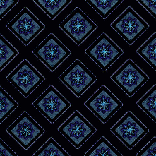 Midnight Artic Blue Embroidery Floral Granny Squares Print