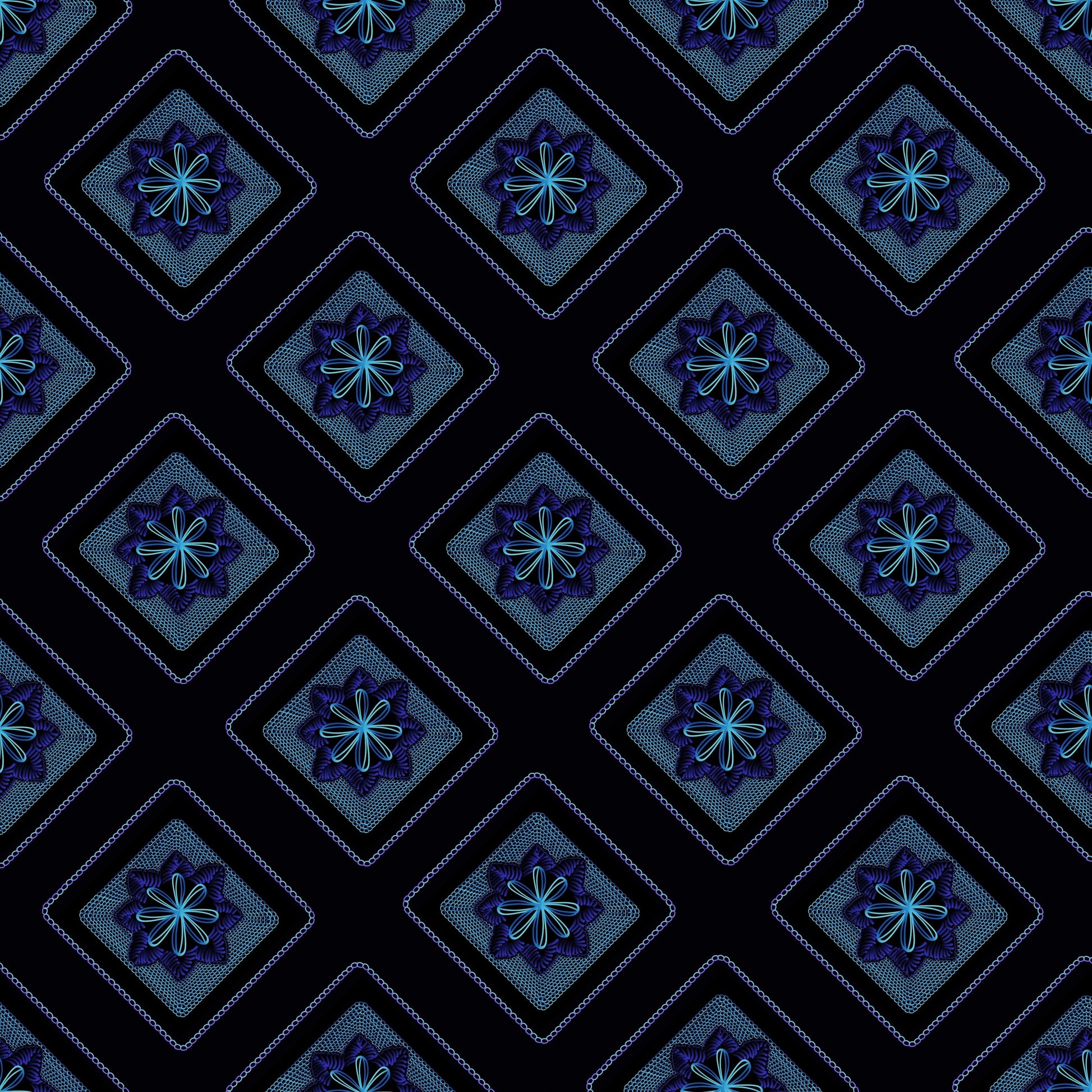 Midnight Blue Floral Granny Squares Print