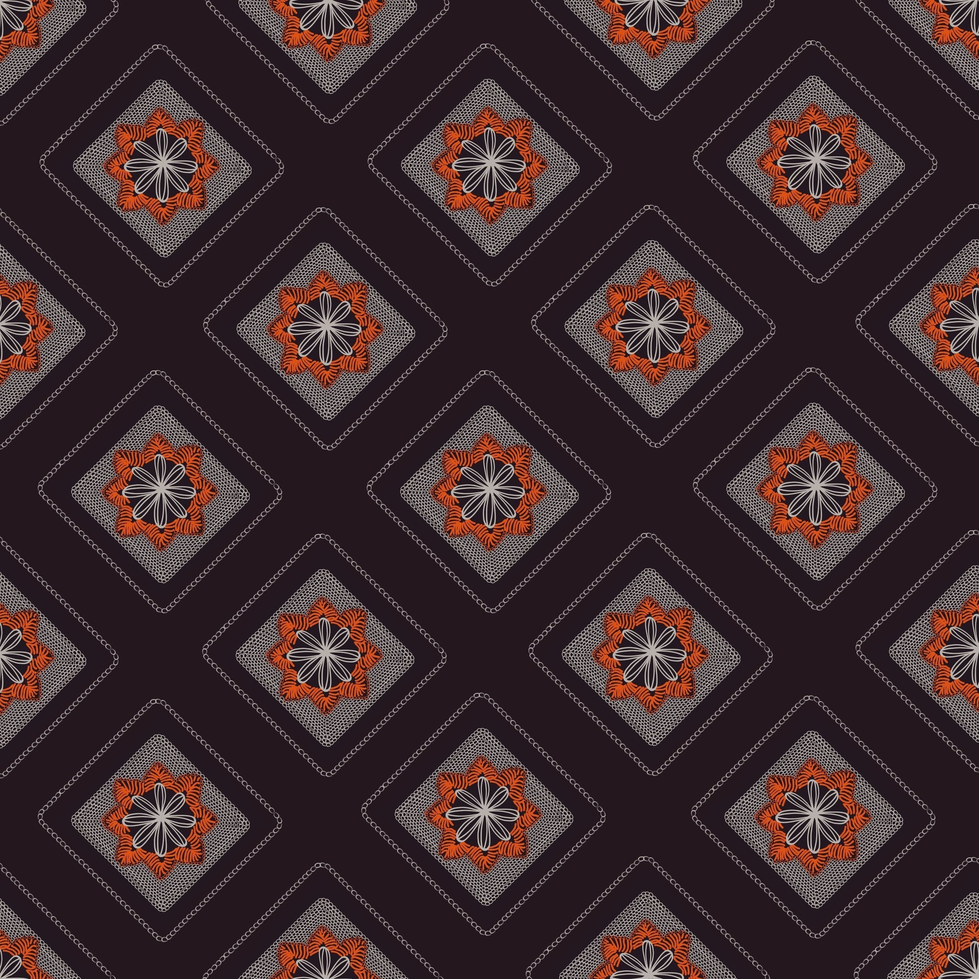 Midnight Rust Embroidery Floral Granny Squares Print
