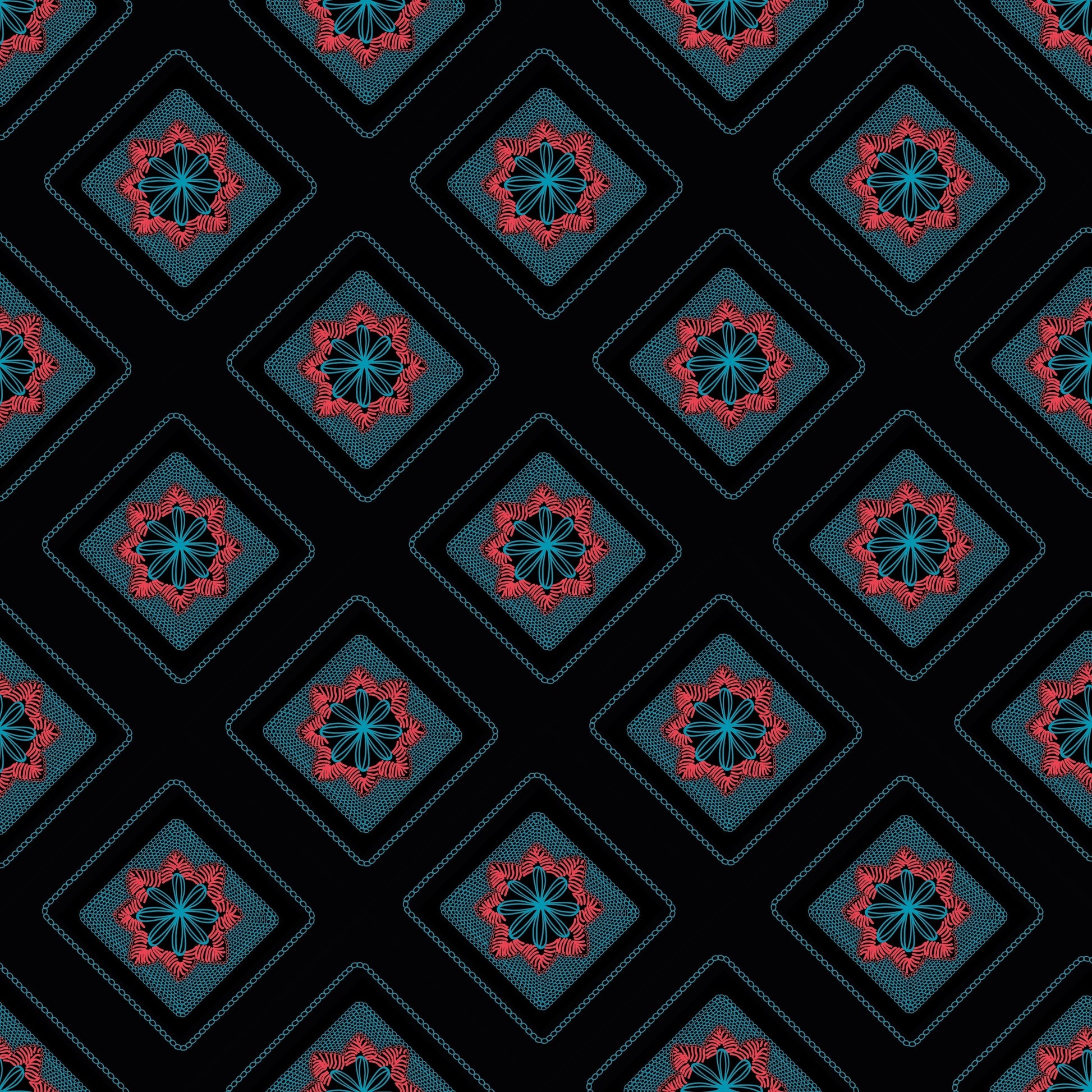 Midnight Teal Azure Embroidery Floral Granny Squares Print