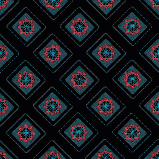Midnight Teal Azure Embroidery Floral Granny Squares Print