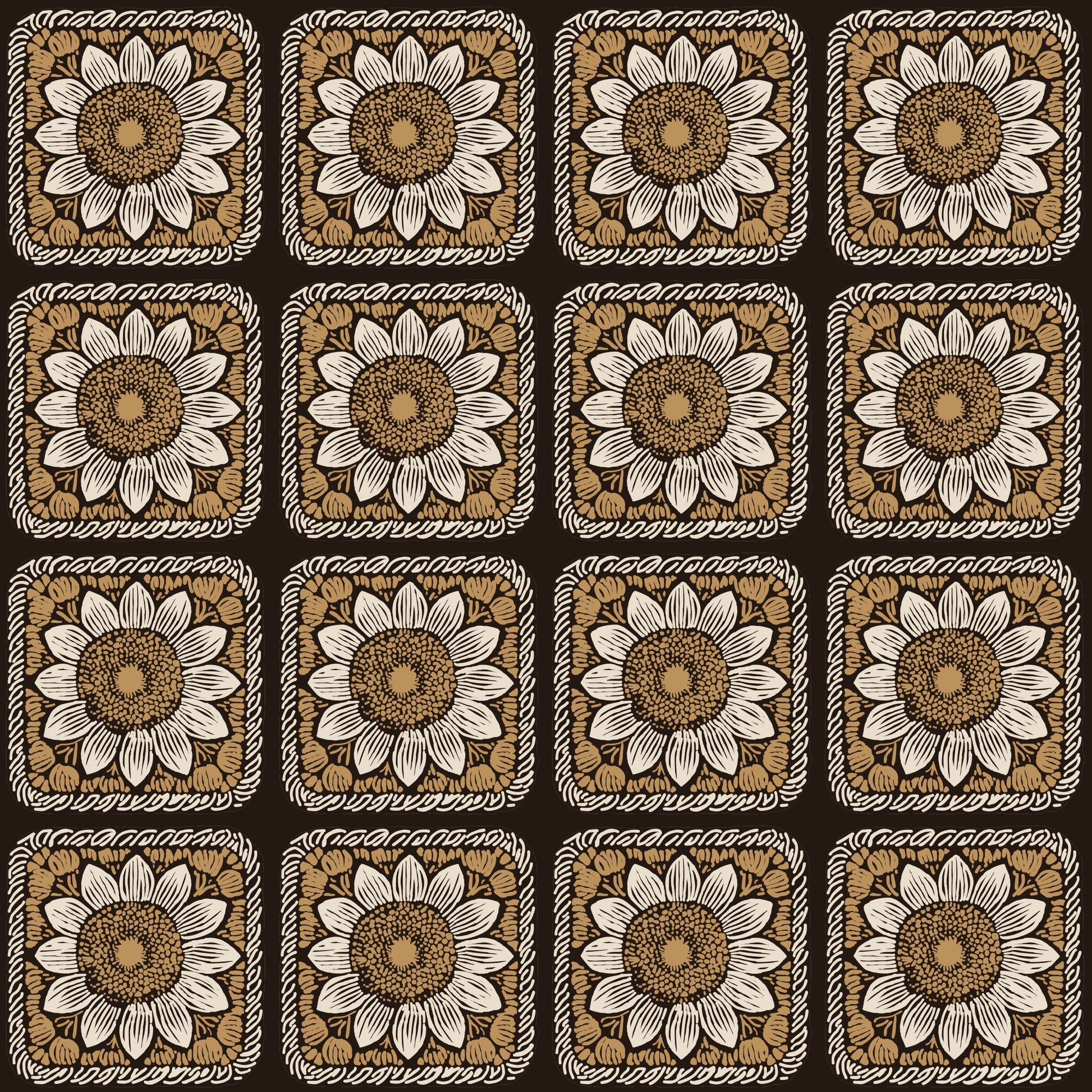 Mocha Mousse Sunflower Floral Granny Squares Seamless Print