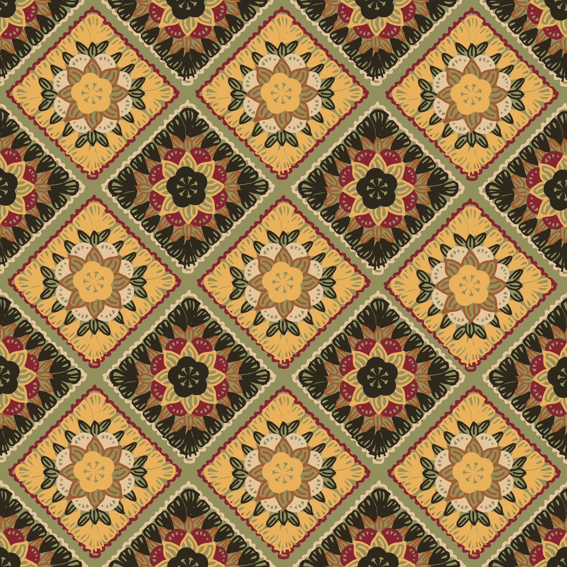 Mocha Tapestry Floral Granny Squares Seamless Print