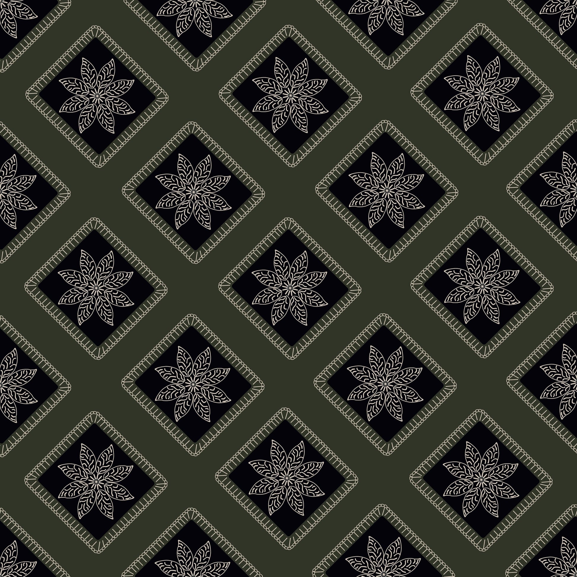 Olive Noir Embroidery Floral Granny Squares Print