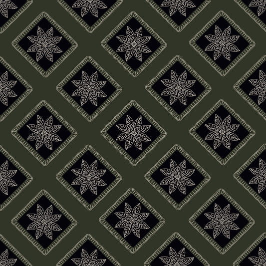 Olive Noir Embroidery Floral Granny Squares Print